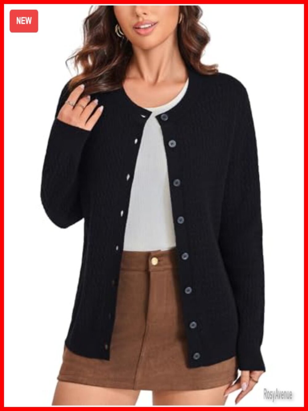 Merino Wool Cable Knit Cardigan Women Button Up Crew Neck Sweater